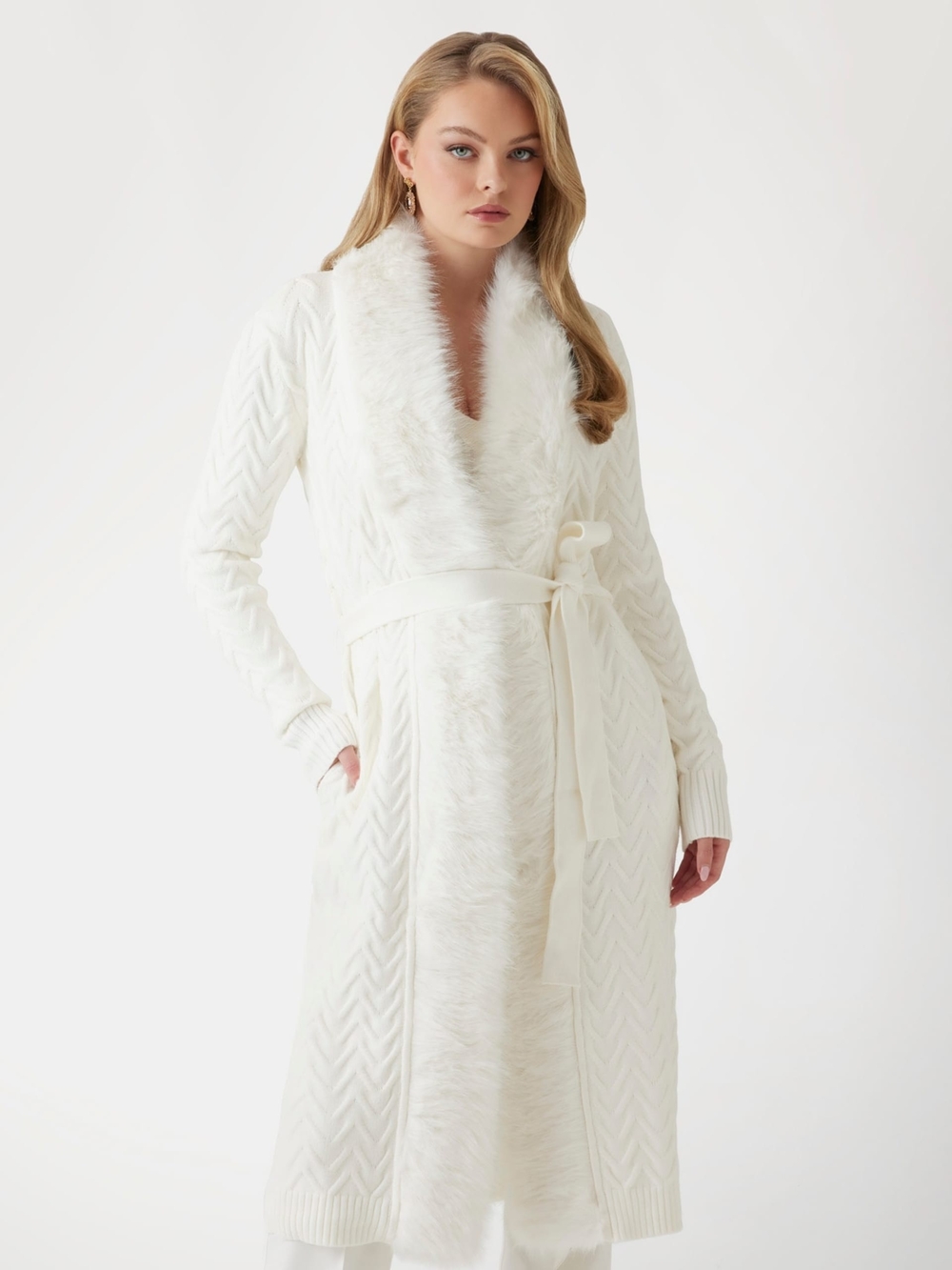 Women's Cream Faux-Fur Trim Sweatercoat